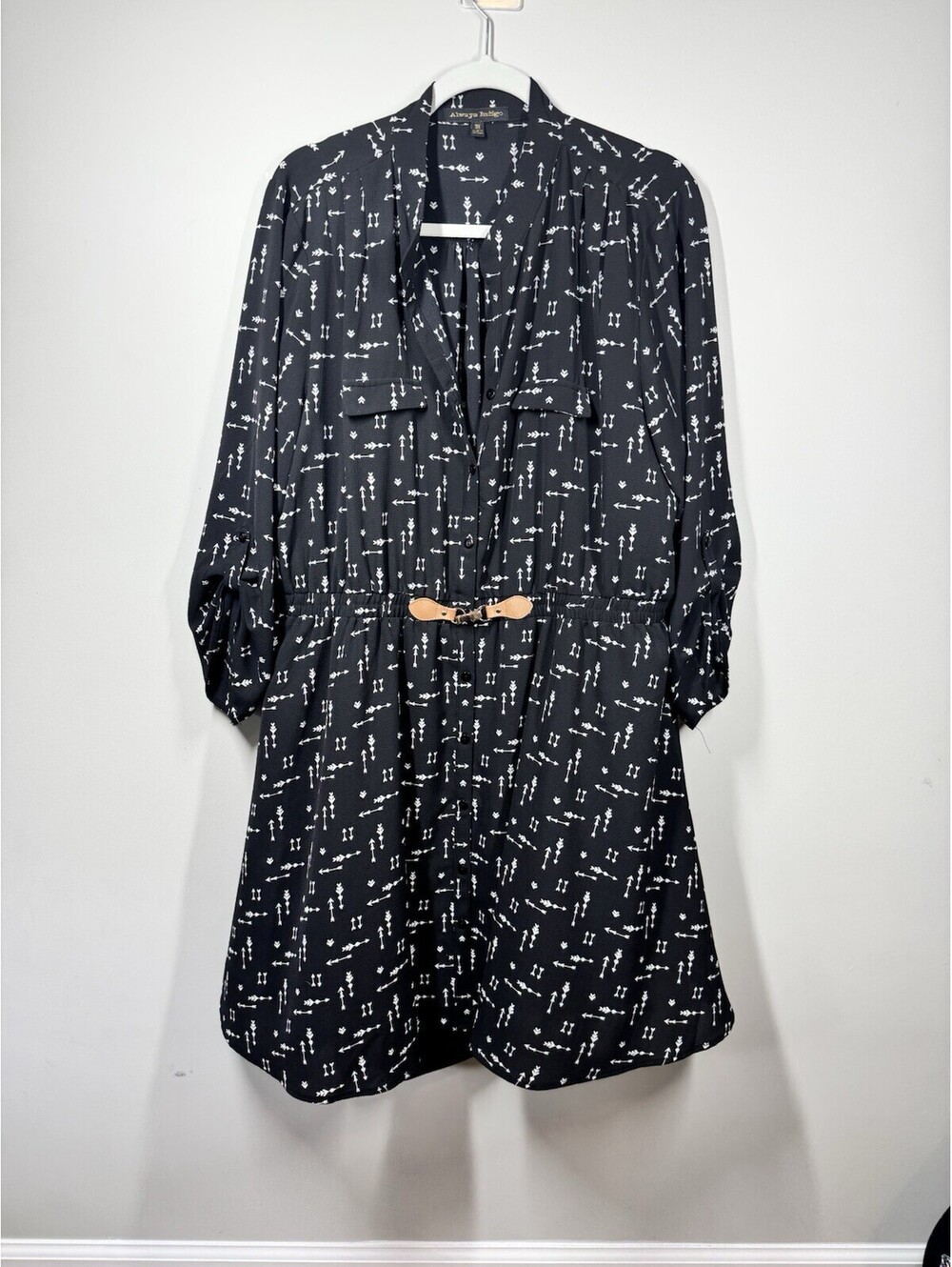 Always Indigo Dress Womens 3X Black Arrow Design Stretch Waist 3/4 Sleeve Button
